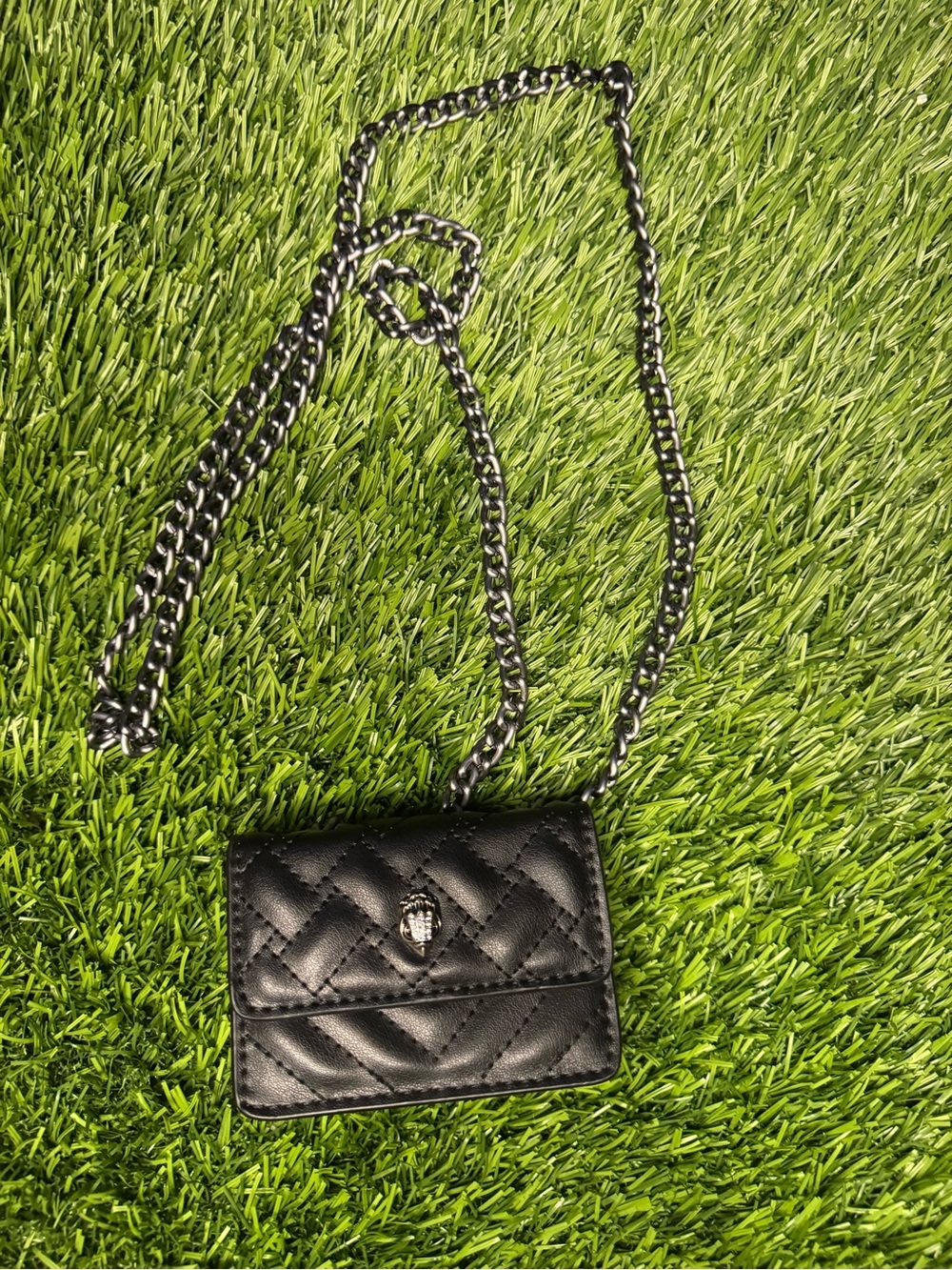 Kurt Geiger Black Quilted Leather Mini Crossbody with Silver Chain